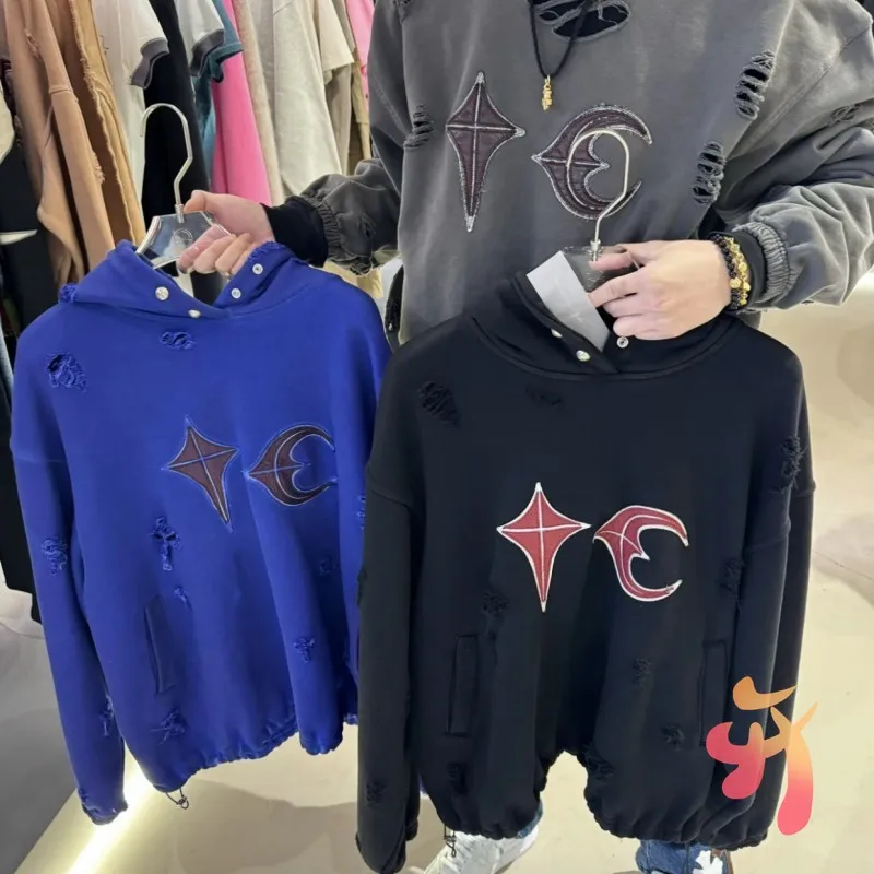 

24ss Winter Oversized Thug Club Hoodies Splicing Leather Star Moon Vinatge Cut Hole Washed Hoody Men Women Sweatshirts