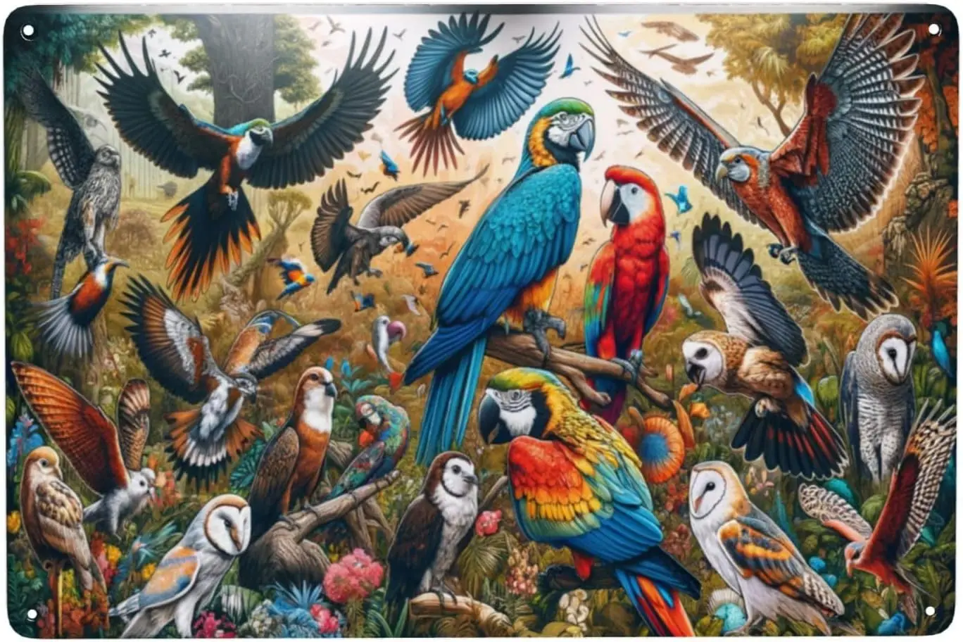 Exquisite Aviary Panorama Metal Tin Sign,Vivid Bird Artwork Wall Decor,Tropical Parrots Majestic Eagles,Indoor Outdoor Wall sign