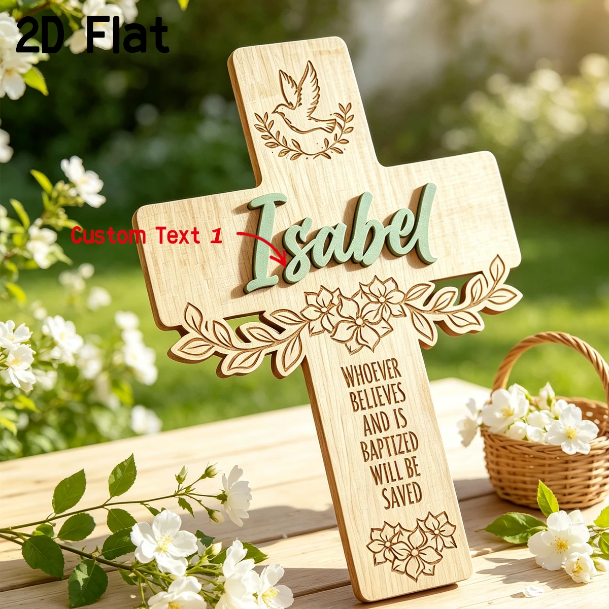Personalized Wooden Cross Baptism Name Plaque,Dove Floral Engraved Bible Verse Decor,Christian Baptized Keepsake Gift for Girl