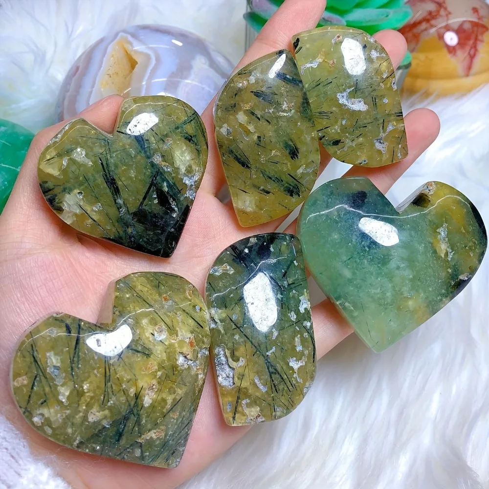 

1pc Unique Prehnite Heart/Palm/Heart Shaped Crystal Stone, Green Prehnite Geode Stone with Black Inside, Crystal Palm Stone