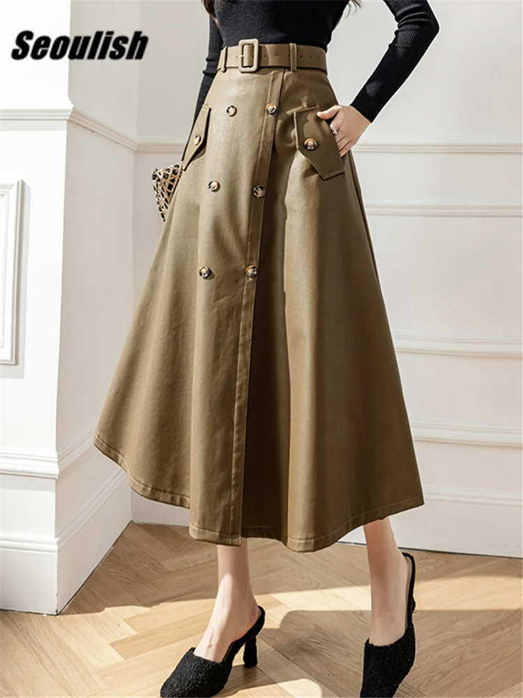 

Seoulish Double Breasted Faux PU Leather Long Skirts with Belted 2022 High Waist Umbrella Skirts Pockets Female Autumn Winter