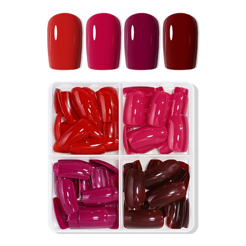 96Pcs New Year Valentine's Day Red False Nails Tip Medium Square Full Cover Fake Nail 4Color Boxed Glossy Nail Armor For Wearing
