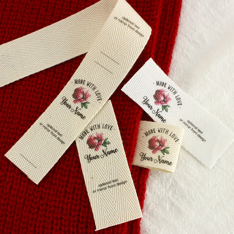 Sew Twill Labels, Folding Tags, Logo Labels, Sew Accessori, Ribbon Label, Custom Fabric Tags, Labels for Clothes, Flower(xw3527)