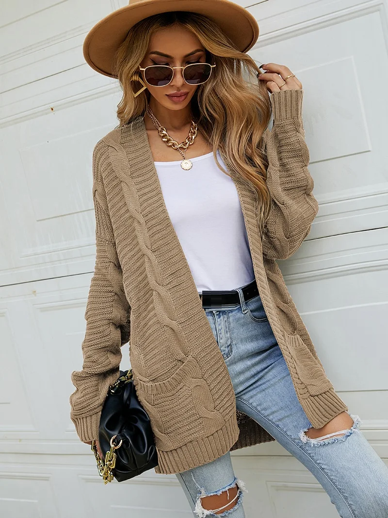 

Women Double Pocket Twisted Cardigan Khaki Pink Black Sweater Coats Casual Loose V Neck Long Sleeve Solid Knitwear Cardigans