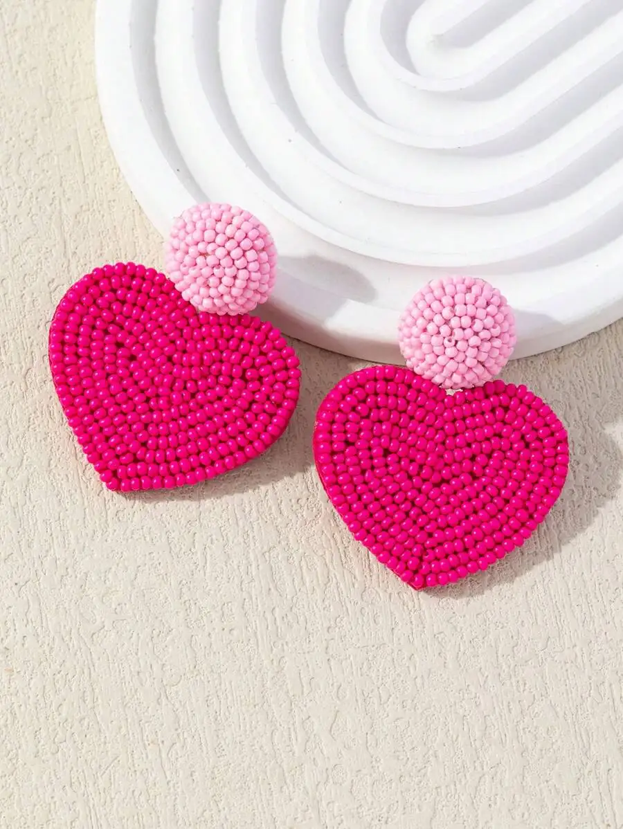 

Heart Shape Beaded Earrings Bohemian Style Pink Contrast Color Drop Earrings For Women