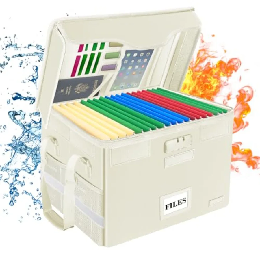 

Fireproof Document Box with LockFile Storage Organizer with Zipper Pockets Collapsible Portable File Box Home Office Safe Filin