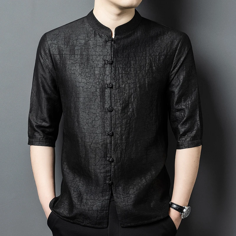 

Three-Quarter Sleeve Silk Shirts For Men Frog Tang Costume Crack Summer Quality Lightweight Breathable Classic Camisas De Hombre