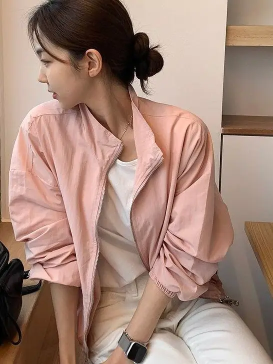 

Повседневная свободная женская куртка с длинными рукавами и воротником-стойкой, весенне-летняя модная солнцезащитная верхняя одежда из полиэфирного волокна