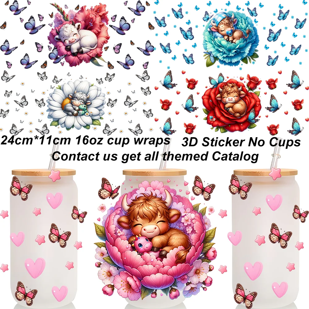 Baby Cattle 3D UV DTF Transfers Stickers 16oz Cup Wraps For Butterfly Highlander Cup Sticker DIY Gift Cute Cattle Cup Wraps