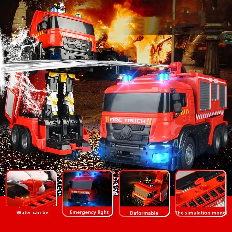 

Kids RC Fire Truck One click water spray Sound and LED Light electric Transformation Fire RC Truck Toy Car