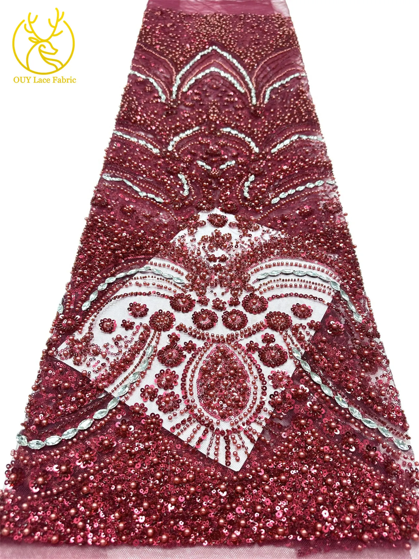 Luxuriöser königlicher lila afrikanischer handgefertigter Perlen-Spitzenstoff, französischer Pailletten-Stein-Tüll-Spitzenstoff für Hochzeitskleid-Design – Detail 38