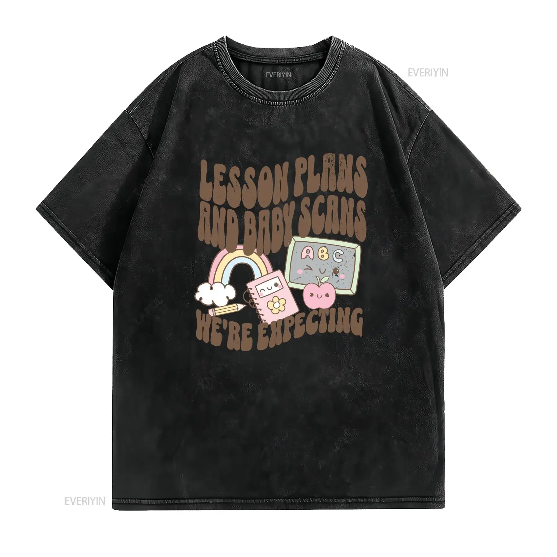Cute Cartoon Pregnant Teacher Lesson Plans Baby Scans Expecting Announcement Print Casual T Shirt vintage Washed fashion