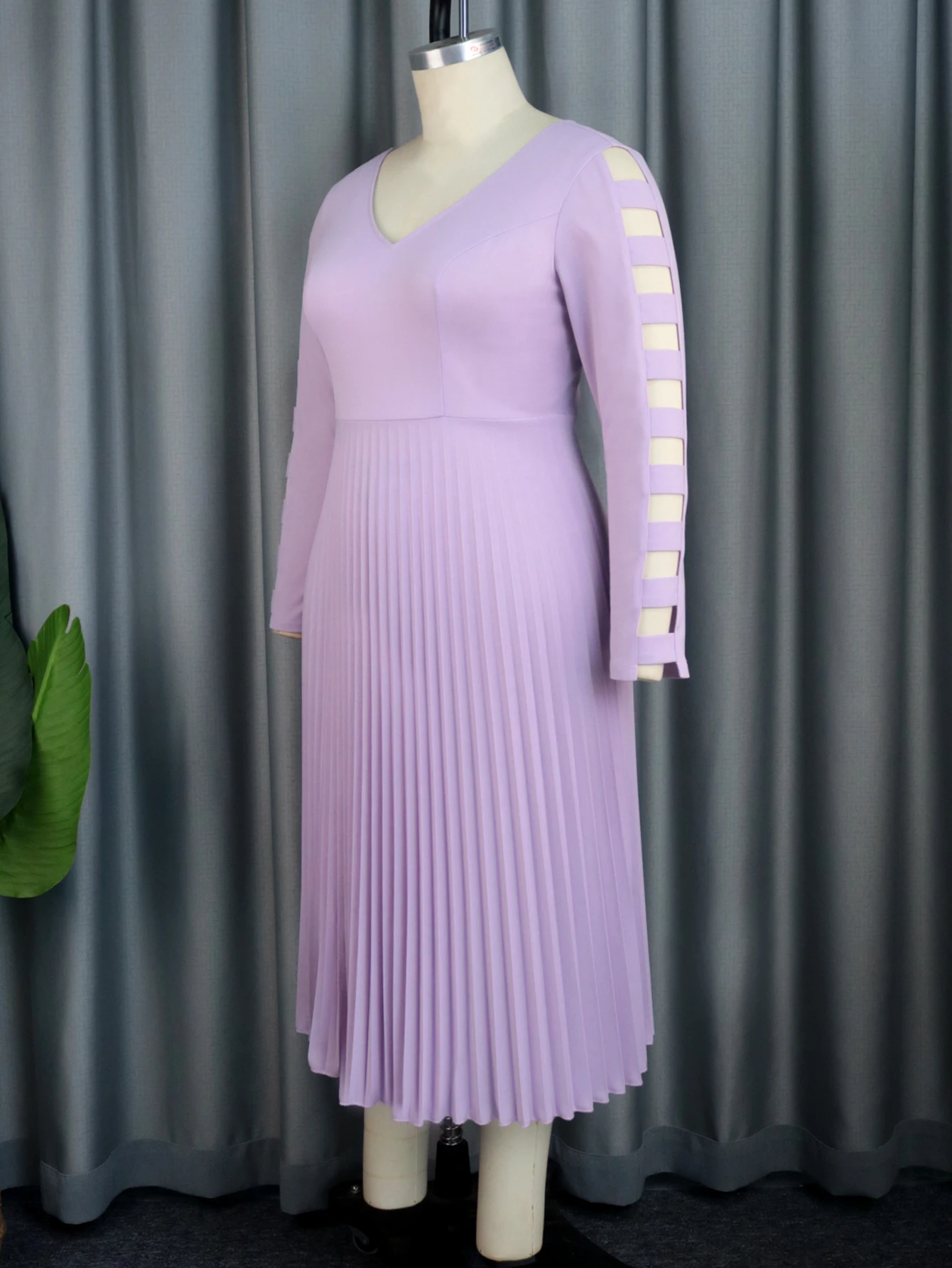 ONTINVA Pleated Dresses for Women Lavender V Neck Long Hollow Out Sleeve A Line Office Lady Casual Event Party Midi Gowns 4XL