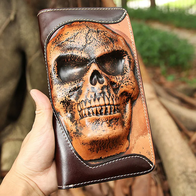 Men's Wallets Punk Cowhide Skull Ghost Head Men's Zipper Wallet Cowhide Leather Long Multi-functional Personalized Clutch Bag