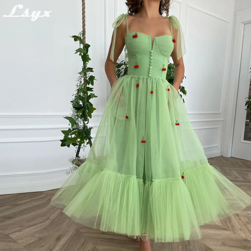 

LSYX Spaghetti Strap Prom Dresses Sweetheart Collar A-line Birthday Party Gown Cherry Appliques Sleeveless Evening Dresses