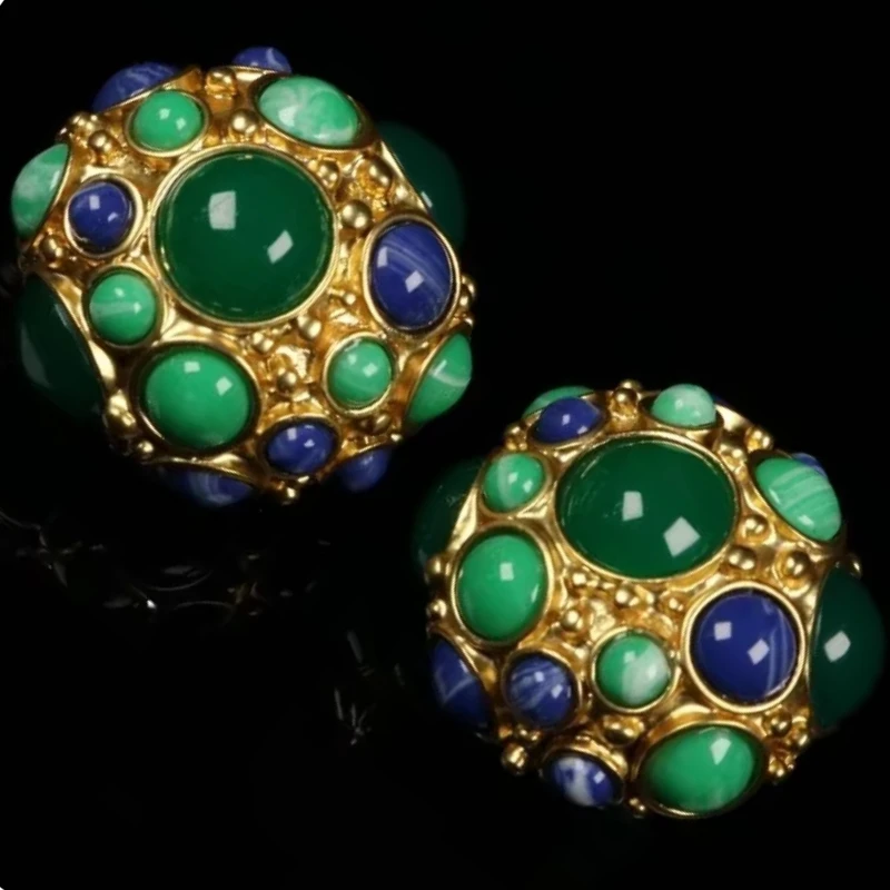 

Luxury Court Style Vintage Jelly Colored Glaze Ear Clip Sweet and Romantic Spherical Lady Earrings Geometric Big Circle Jewelry