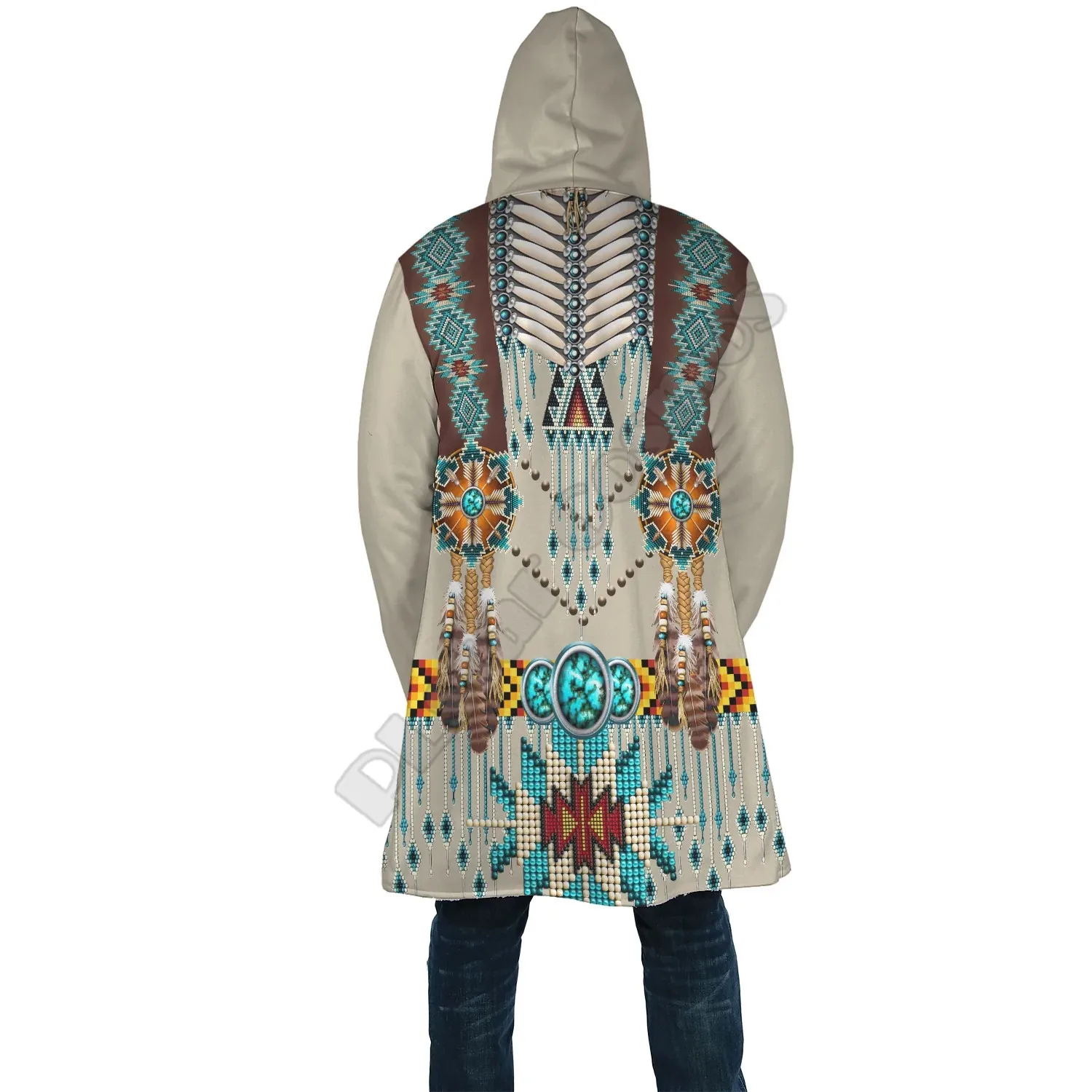 Turquoise Blue Pattern Breastplate Native American Cloak 3D Print Winter Hooded Cloaks Fleece Wind Breaker Unisex Warm Overcoat