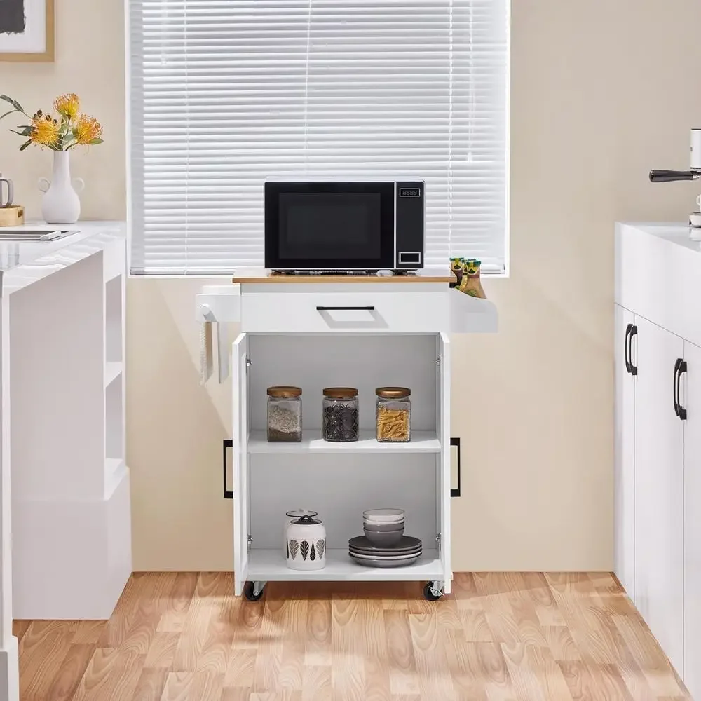 White Rolling Kitchen Cart with Storage Rack and Cabinet, Mobile Island for Microwave and Coffee Station view 4