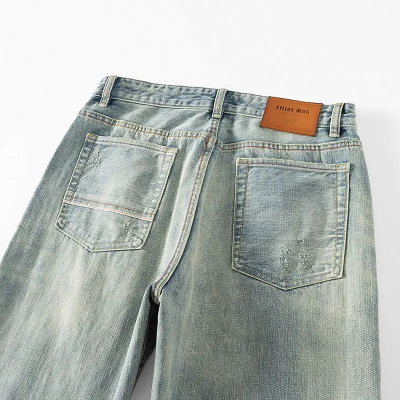 

14.5oz 100% Cotton Heavyweight Blue-Edge Selvedge Denim Washed Small Ripped Holes Vintage Jeans for Men Loose Straight Cut Pants