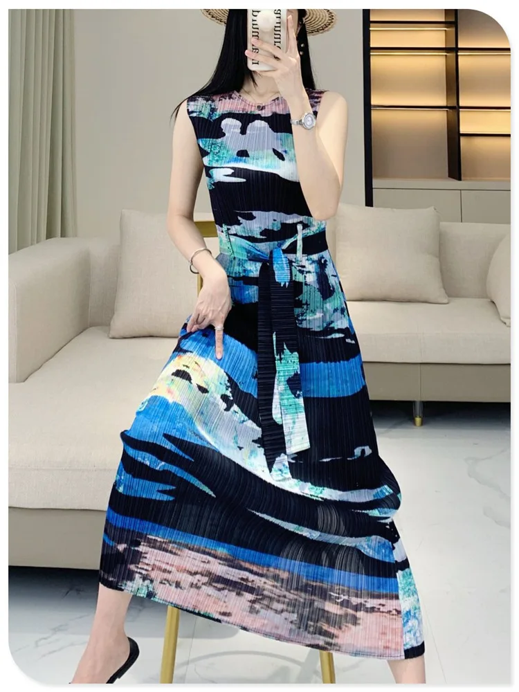 

HOT SELLING Miyake fashion fold geometric print sleeveless o-neck the sashes A-Line dress IN STOCK