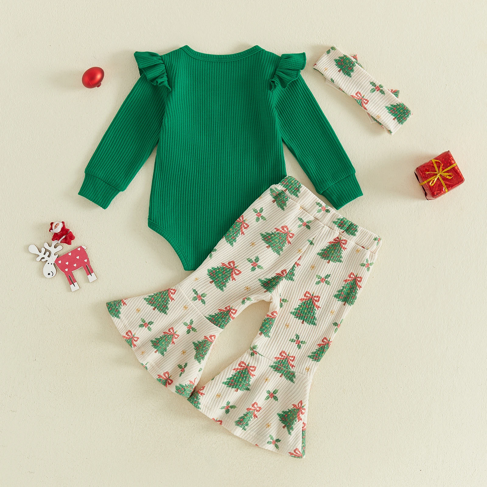 0-18Months Infant Baby Girl Christmas Outfit Embroidered Romper Printed Flare Pants &Headband 3pcs Sets
