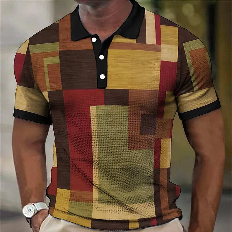 

Men's Polo with Waffle pattern 3D print polo shirt with lapel summer golf shirt with geometric pattern street short sleeved top