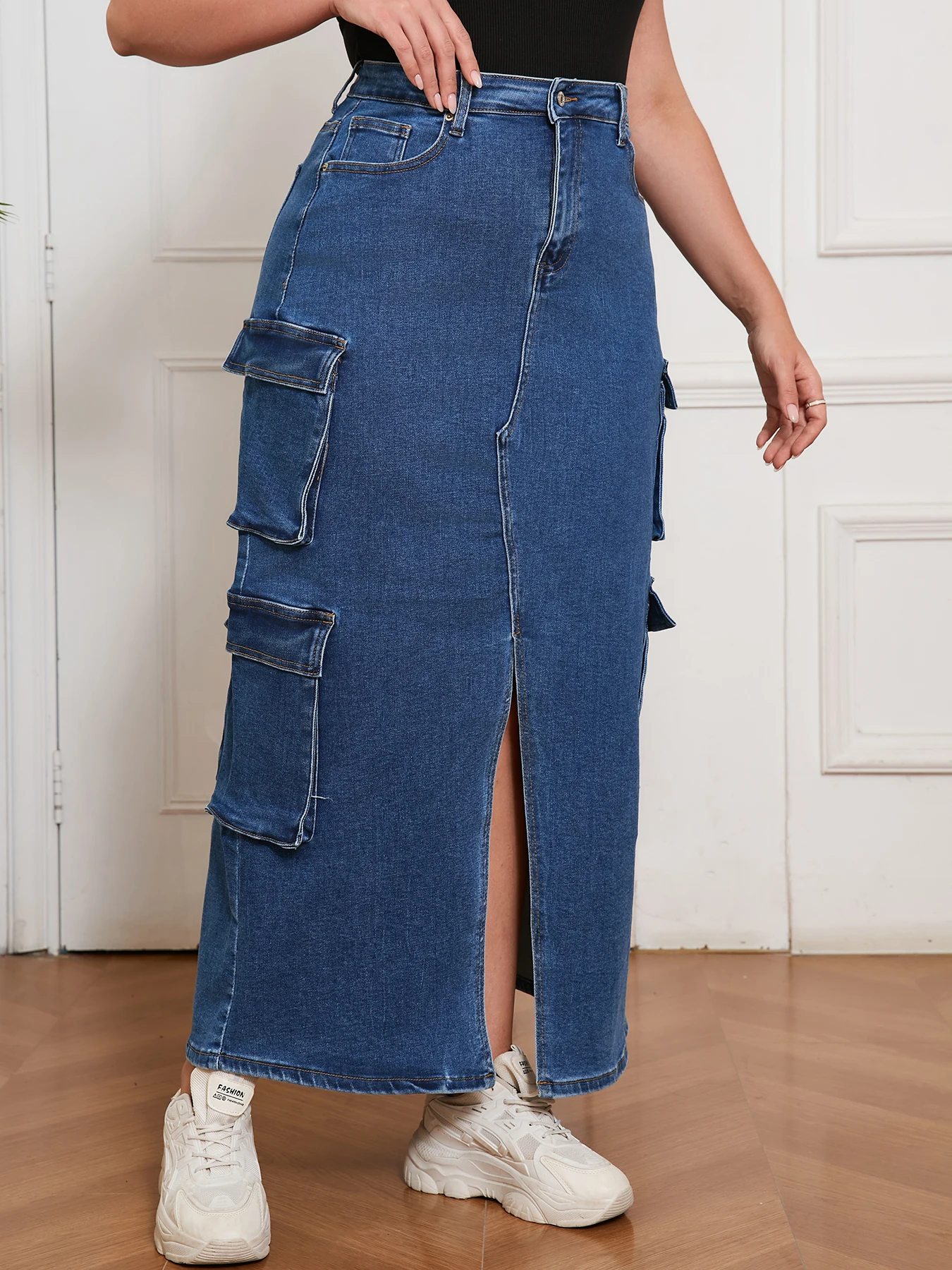 Stylish Women's Denim Cargo Skirt - High Waist Long Jeans with Functional Pockets, Must-Have Women's Clothing