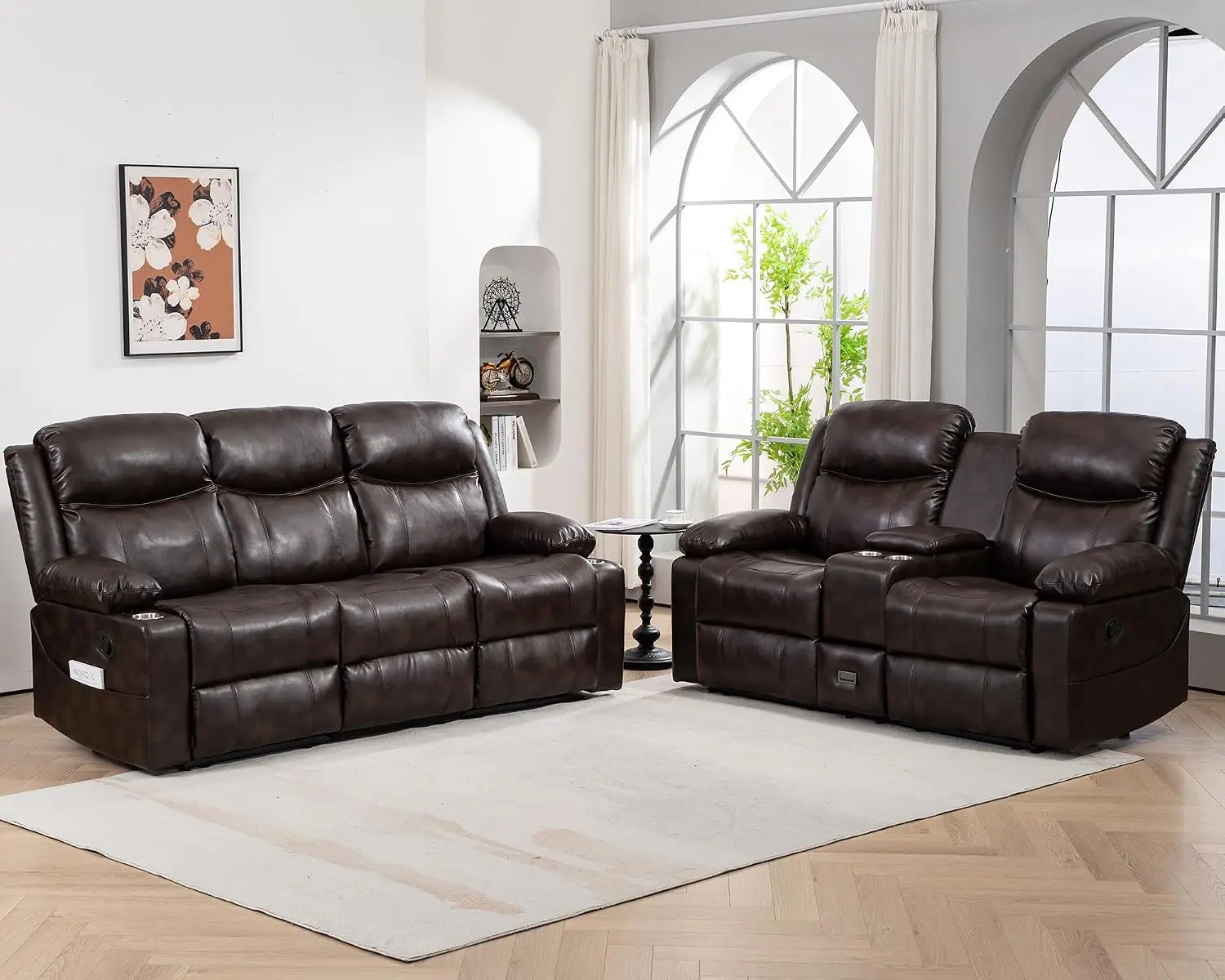 Brown Recliner Sofa Set with Power Reclining Feature for Living Room, 3-Seater, Customized