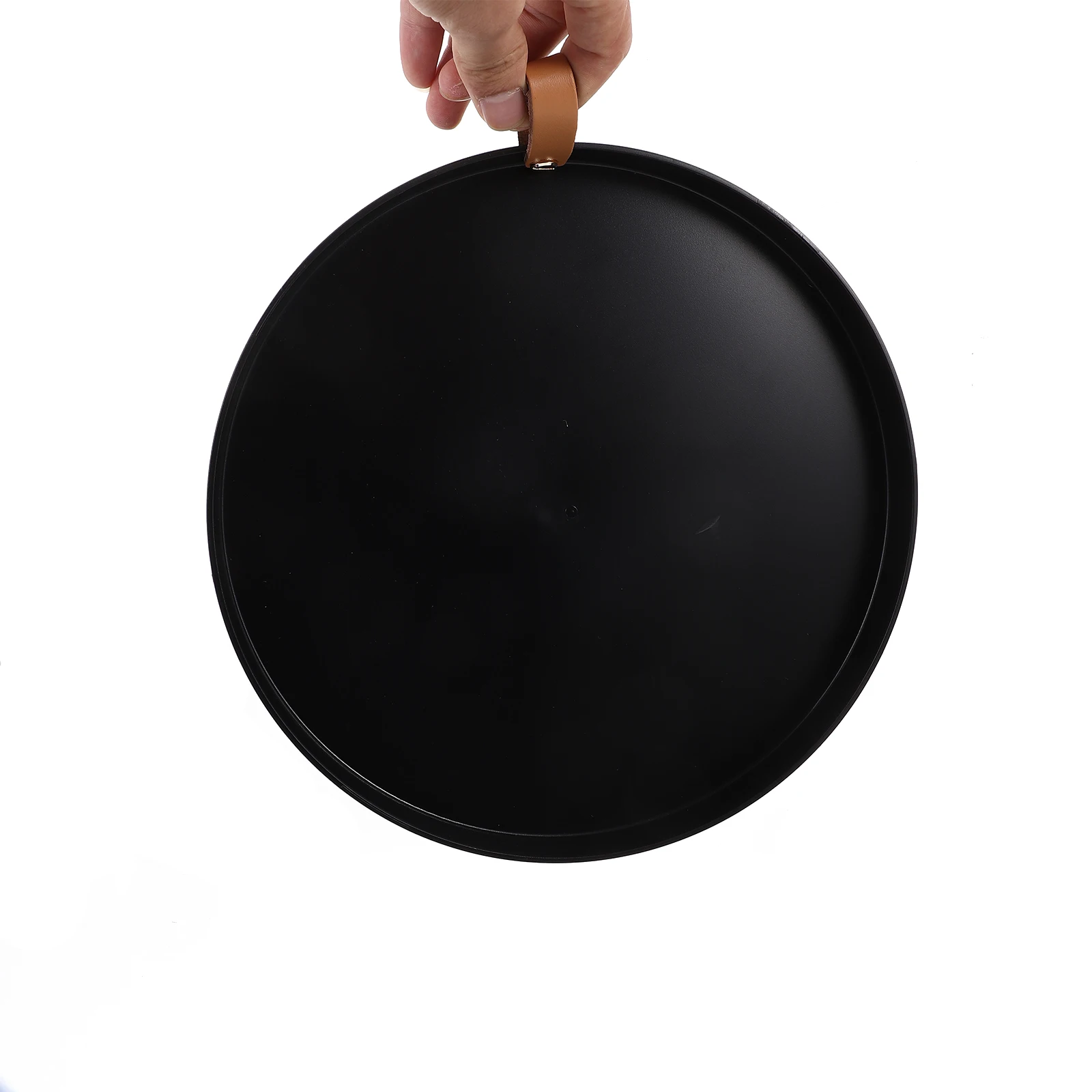 

Round Storage Tray Black PU Handle for Bathroom Vanity Cosmetics Toiletries Small Size Modern Style Easy Clean