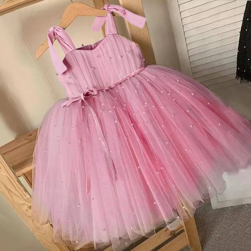 

Princess Party Tulle Dress Summer Girl Fluffy Pearl Detailing Skirt Style Autumn Cotton Blend Child's Dress