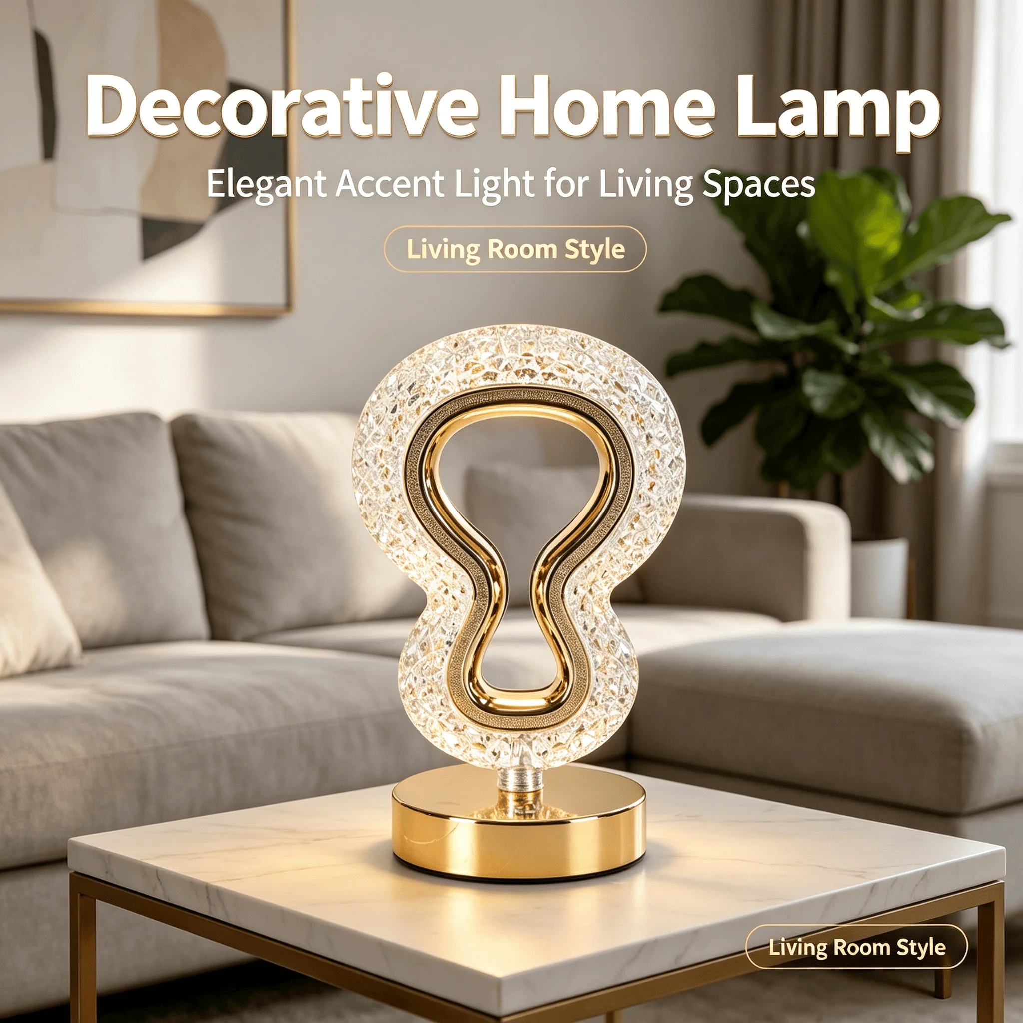 Luxury Gold Decorative LED Bedside Night Light, Ambient Table Lamp for Bedroom & Living Room, Ideal Housewarming Gift