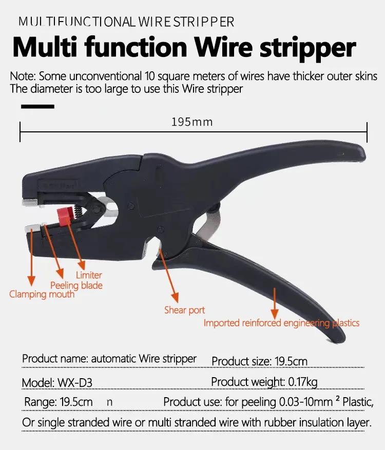 

Wire Stripper Tool Automatic Stripping Pliers 0.08-10mm 32-7AWG Cutter Cable Scissors WX-D3 Adjustable Precision Multitool