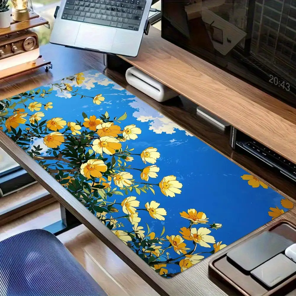 Alas Mouse Bunga Kuning Ukuran Besar untuk Komputer, Kantor, Meja Game, Alas Meja XXL Karet Anti Selip dengan Tepi Jahitan, Alas Keyboard, Alas Meja Panjang