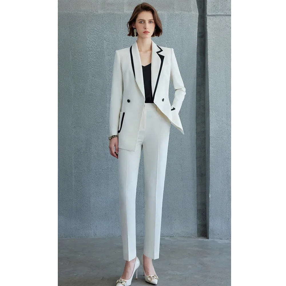 우아한 여성 정장 더블 브레스티드 노치 라펠 재킷 팬츠 투피스 세트 스마트 슬림핏 오피스 데일리룩 여성 의류