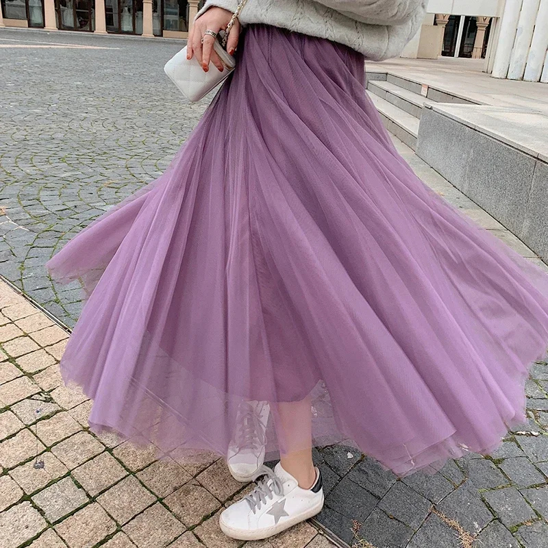 Summer Elegant Tulle Skirt Autumn Winter Big Swing Women Skirt Korean Cute Pink Green Gray Blue Brown Black Long Skirt Tutu