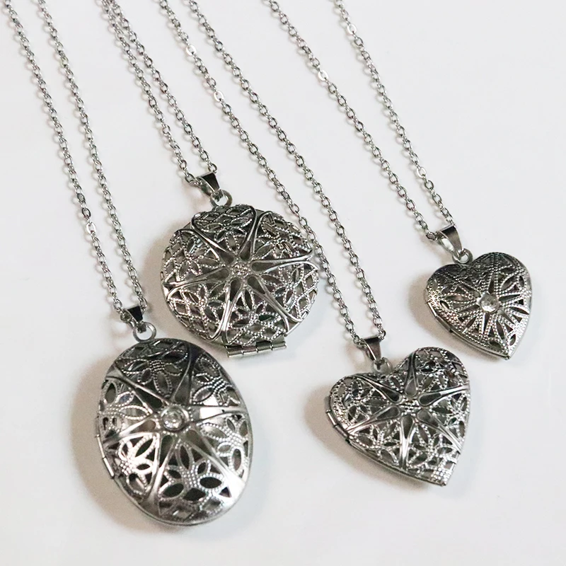 10pc Cutout Heart Oval Round Pendant Necklace Stainless Steel Simple Love Locket Necklaces Women Kids Fashion Memorial Jewelry