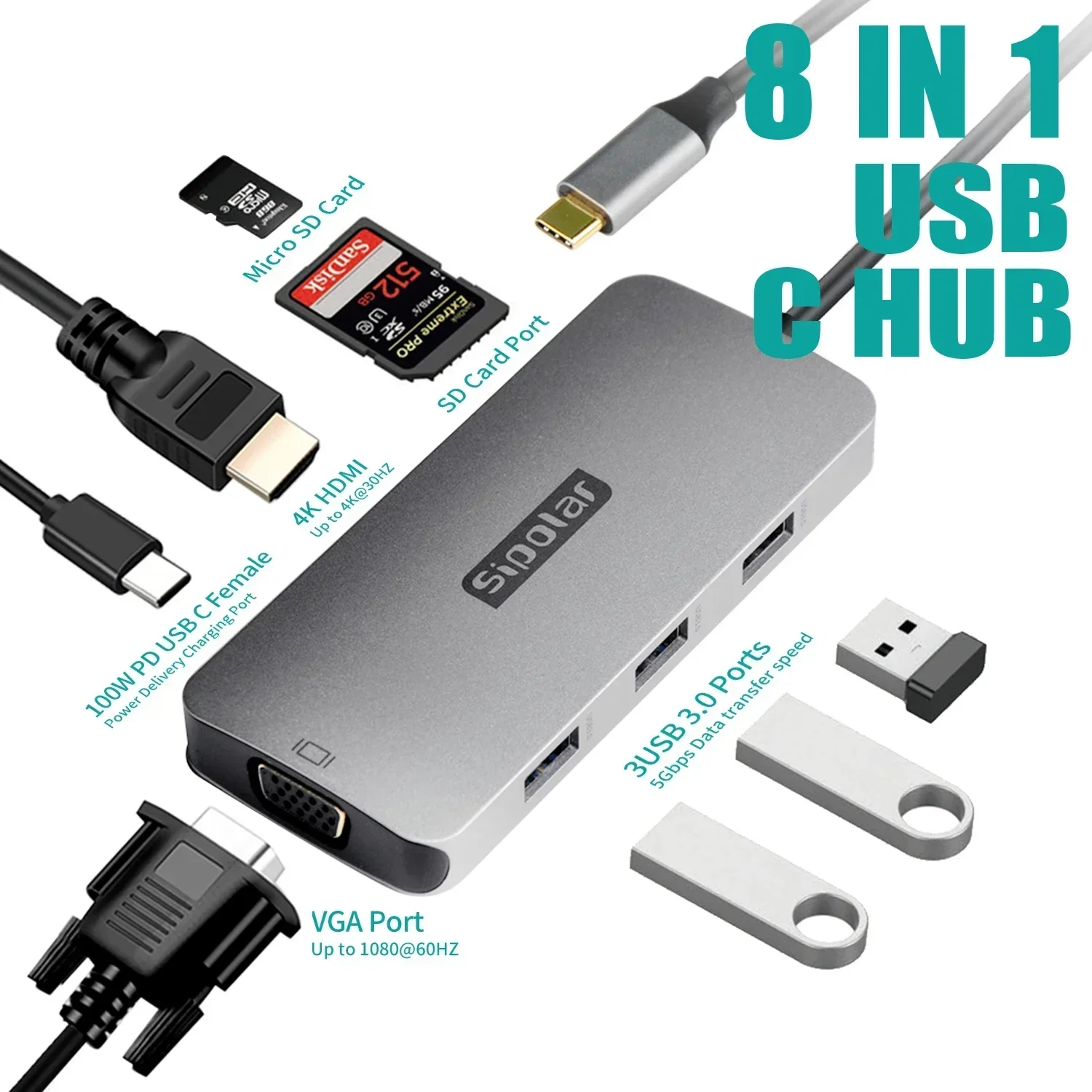 USB C Hub Multiport Adapter 100W PD Charging, 5Gbps Data Ports, SD/TF Card Reader for MacBook 8 in 1 USB C Hub