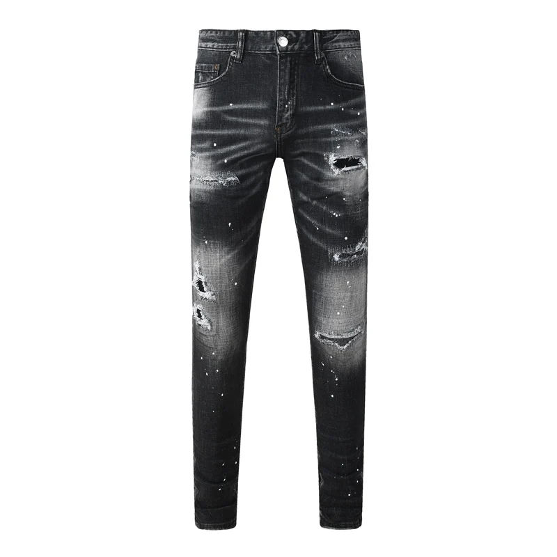 Men's Black Gradient Washed Ripped Skinny Jeans, Paint Splatter Distressed Stretch Slim Fit Denim Pants Streetwear Trousers