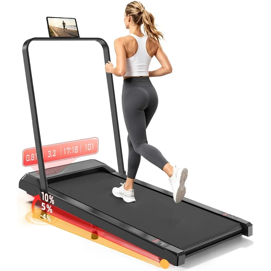 Walking Pad Treadmill for home office use, aluminum alloy frame, black finish, 10 incline and foldable handle for compact under