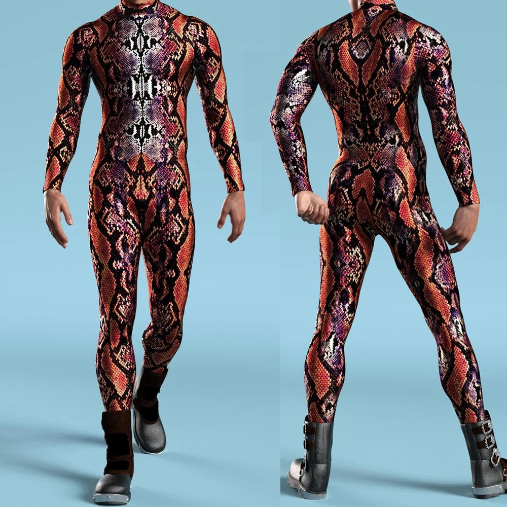 3D Printing Python Bodysuit Men Punk Jumpsuit Halloween Costume Catsuit Carnival Party Romper Zentai Suit Scary Cosplay Clothes