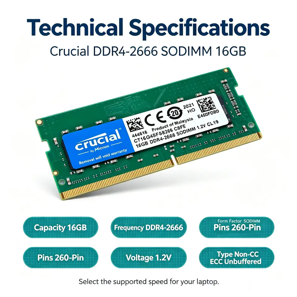 ترقية ذاكرة دفتر الملاحظات من Crucial - ذاكرة رام DDR4 للابتوب SODIMM 4 جيجابايت، 8 جيجابايت، 16 جيجابايت، 2400، 2666، 3200 ميجاهرتز، لوحة دوائر خضراء، 8 شرائح - 4