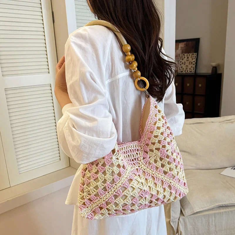 8 Stile Perlenbesetzte Häkel-Strick-Handtasche mit Farbblock-Design, Damen Sommer Hohlgeflochtene Handtasche, Leichte Lässige Strandtasche – Detail 14