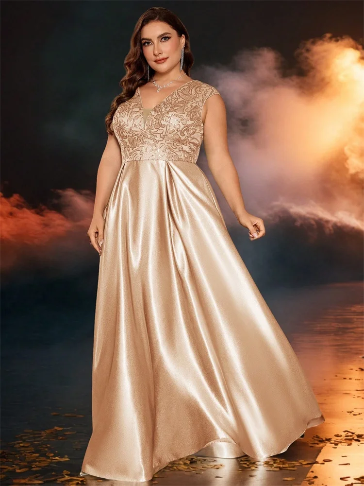 Lucyinlove Plus Size Luxury Gold Satin V-Neck Evening Dress Women Sequin Wedding Party Prom Floor Lenght Cocktail Dress Gowns