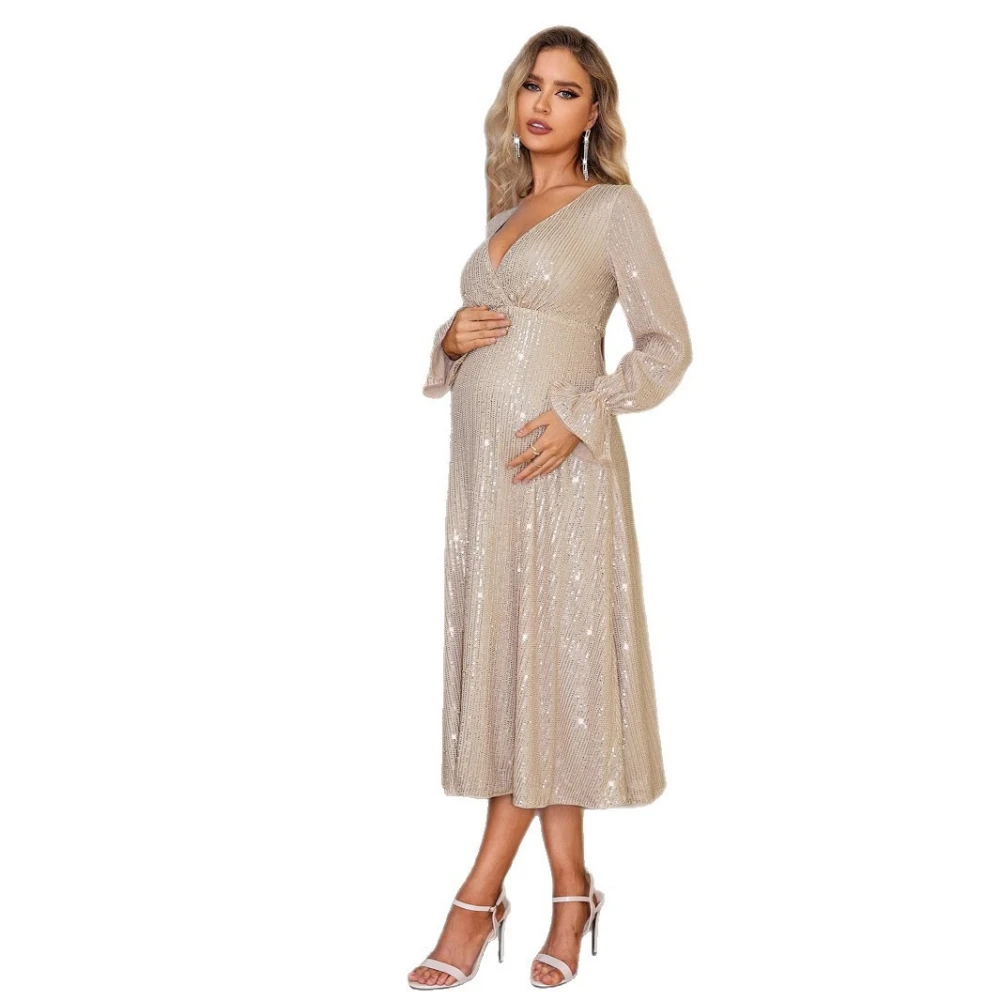 

Maternity Dress for Pregnant Woman Long Sleeve Sequin V Neck Maternity Dress A Line Elegant Pregnancy Gown Maternity Dresses
