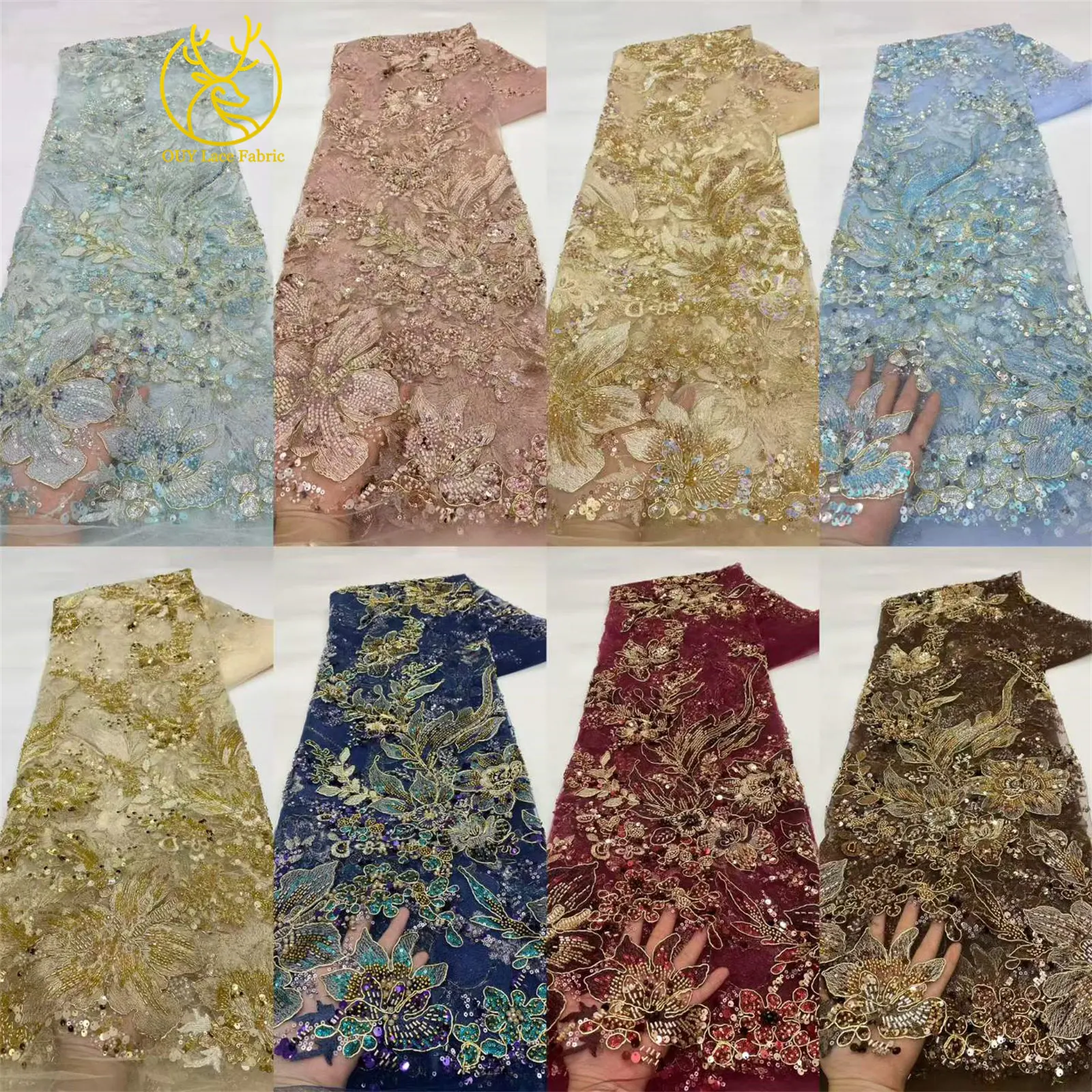 Eleganter Tüll-Spitzenstoff mit Pailletten und Blumenstickerei, afrikanischer handgefertigter Perlen-Mesh-Spitzenstoff zum Nähen von Abendkleidern, 5 Yards – Detail 3