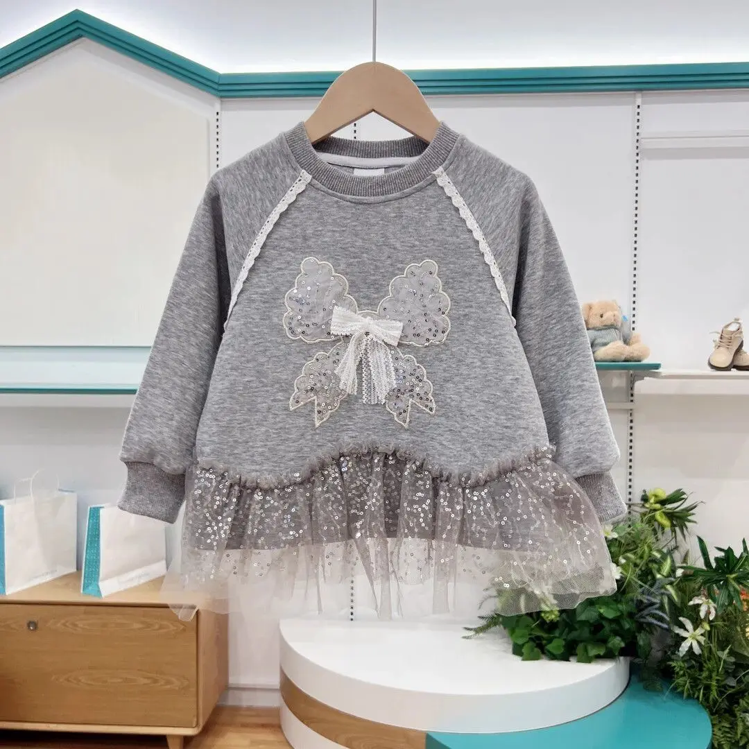 Girls Sweatshirt 2026 Spring Autumn New Sweet Bow Knot Mesh Long Sleeve Top Kids Cute Round Neck Shirt