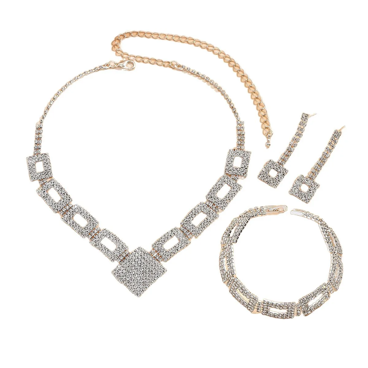 

Women's Fashion Trendy Luxury Crystal Geometric Square Earrings, Bracelet & Necklace, Elegant Sparkling for Weddings, Party Gift