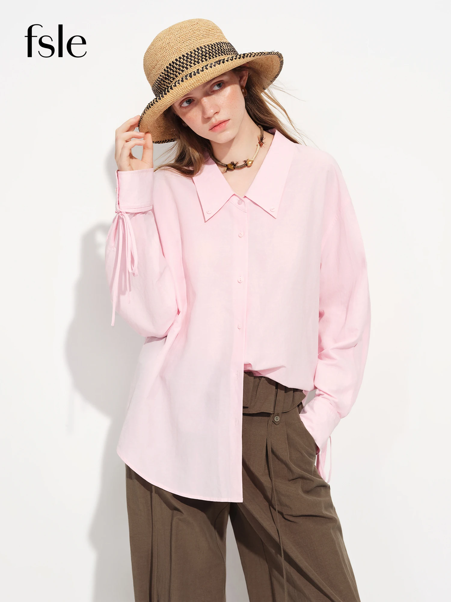 FSLE Loose-fitting Casual Long-sleeved Shirt New Spring 2026 Style Drawstring Tie Top Solid Simple Ins Korean Style Office