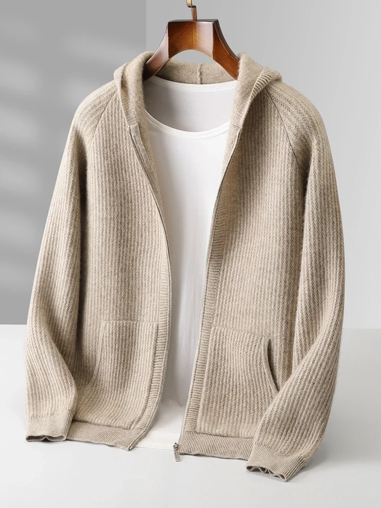 Daily Clothes Autumn Winter Sweater Men's Coat 100% Merino Wool Sweater Cardigan Knitted Jacket Thicked Hooded Outerwears Trend