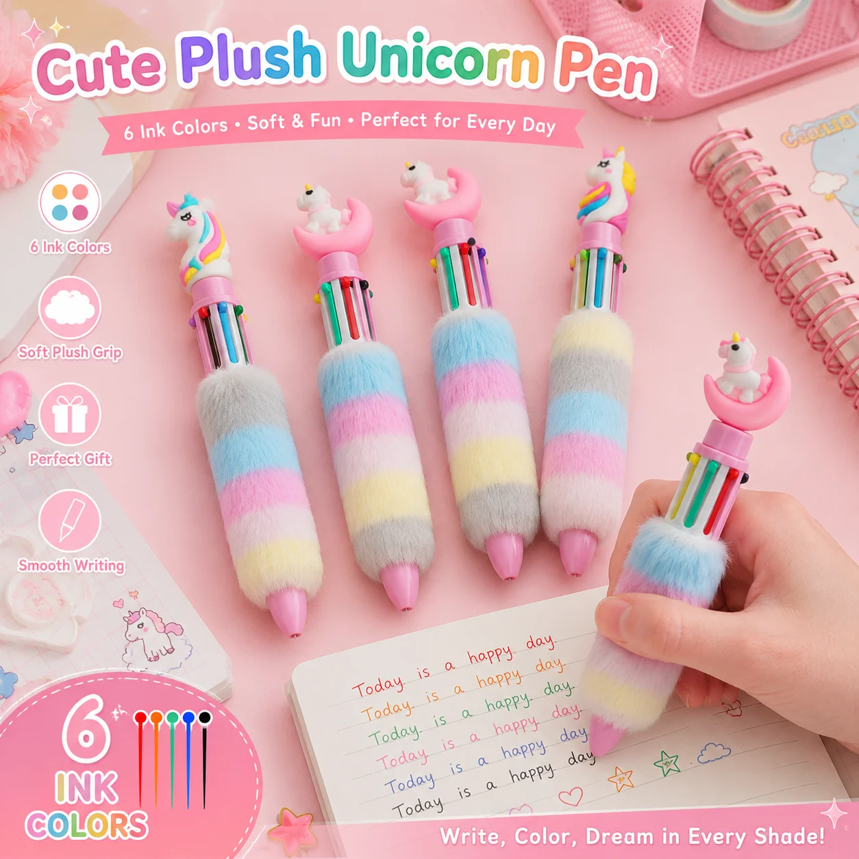 Ensemble de stylos en peluche licorne de dessin animé, stylo à clic 6 couleurs pour enfants, stylo d'écriture mignon kawaii pour étudiants